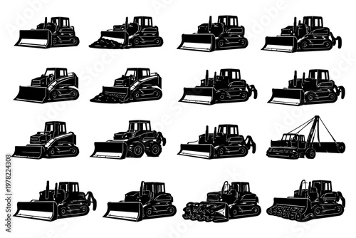 Collection of heavy construction vehicles with bulldozers and excavators.