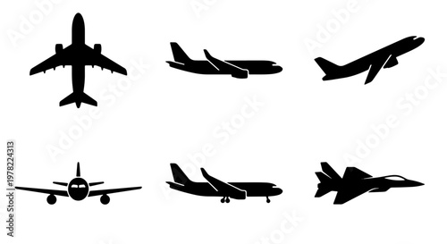 Black airplane silhouette set with 6 vector icons, commercial aircraft and fighter jet silhouettes, aviation transport and flight symbols