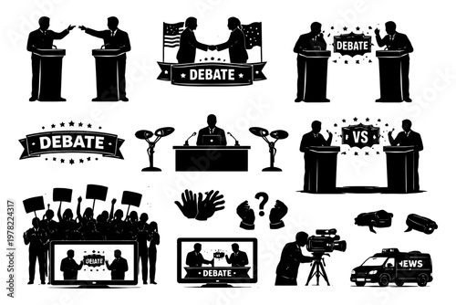 Silhouettes of political debate: public speaking and media coverage icons.