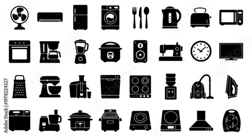 Household appliances icon set, 32 black silhouette kitchen electronics and home equipment vectors, modern domestic device symbols for web design