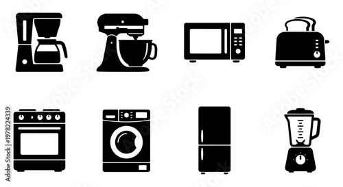 Kitchen appliances icon set, black silhouette household electronics vector, collection of 8 home appliance symbols for interior design and retail
