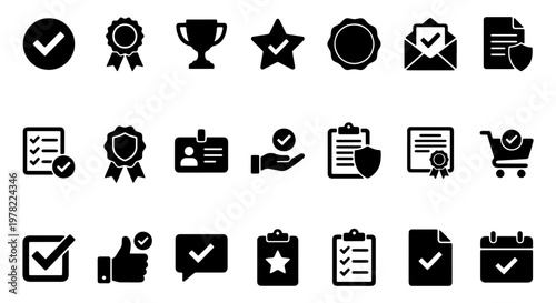 Black solid checkmark icons set, quality assurance and approval symbols, 21 vector elements for business certification and success verification