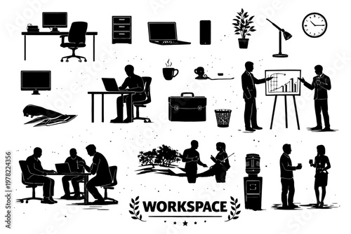 Workspace elements: office setup, meetings, technology, and business presentations in black silhouettes.