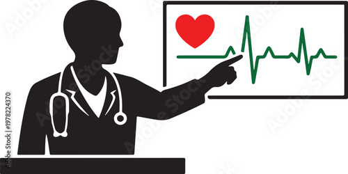 Doctor pointing at a heart symbol and electrocardiogram graph, symbolizing health and medical care illustration