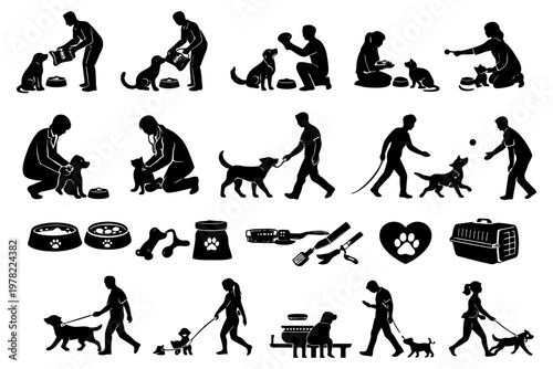 Silhouette illustrations of dog and owner interactions in various activities.