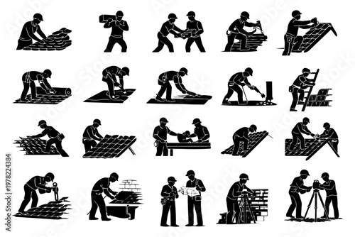 Sequence of silhouette roofers engaged in various roofing tasks and collaborations.
