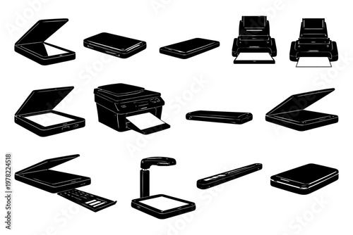 Variety of office scanners and devices in black silhouette.