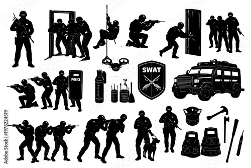 Silhouettes of swat team in action with equipment and vehicles.