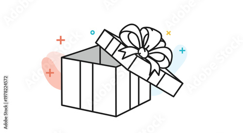 Line drawing of an open gift box with colorful abstract shapes represents surprise, birthday celebrations, Christmas presents, and generosity.