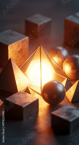Geometric shapes illuminated with warm light, artistic composition.