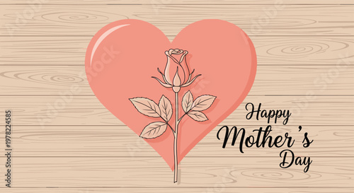 Single rose with a heart shape on a wooden background with happy mother's day text creates a warm and loving greeting for the special holiday.