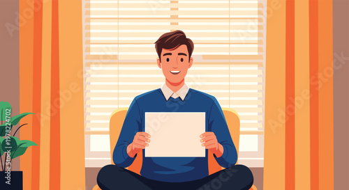 Smiling man sitting in a chair holding a blank white sign in front of a window provides a useful template for custom messages or messages.