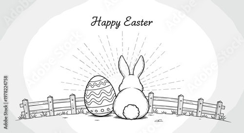 Back view of a bunny sitting next to a decorated Easter egg with a sunburst background celebrates the spring holiday in a simple sketch style.