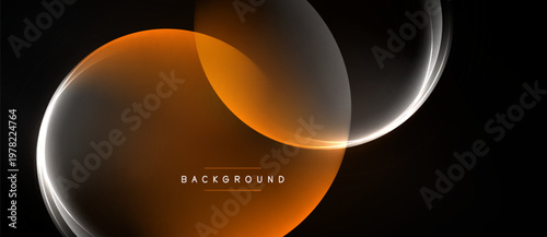 Abstract design features orange glowing shapes over dark background. Smooth curves create dynamic visual effect. Text reads background.