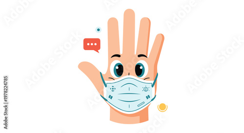 Human hand with eyes wearing a blue protective face mask illustrates a creative and anthropomorphic take on public health and safety measures.