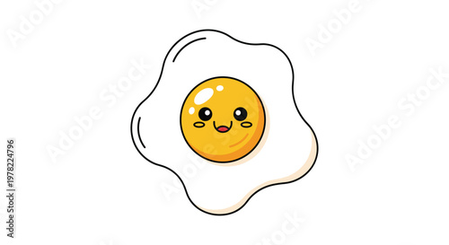 Cute cartoon fried egg character with a happy smiling face and rosy cheeks sits isolated on a plain white background.