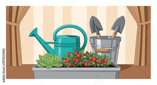 Gardening theme illustration shows a watering can, metal bucket with tools, and potted plants near a window.