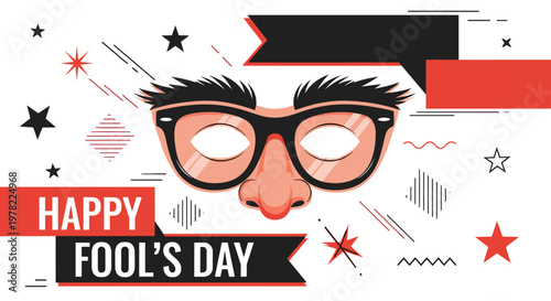 Happy Fool's Day greeting card design features a classic disguise mask with glasses and a fake nose and mustache.