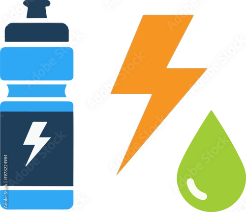 Essential graphic icons symbolizing a sports water bottle, powerful energy bolt, and refreshing hydrating liquid drop for active lifestyle.
