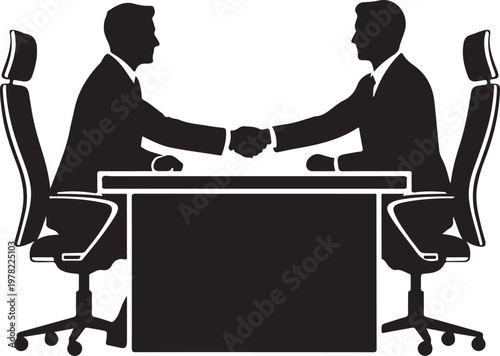 Businessmen shaking hands across a table, symbolizing partnership and agreement in a professional setting