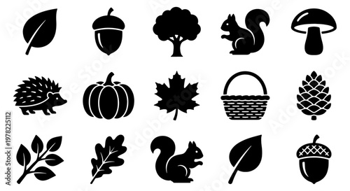 Autumn nature icons set, 15 black silhouette forest elements, fall season vector graphics with squirrel, pumpkin, leaves and hedgehog