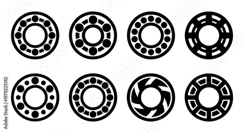 Industrial ball bearing icons set, mechanical steel roller bearings collection, 8 black vector symbols for engineering and automotive machinery