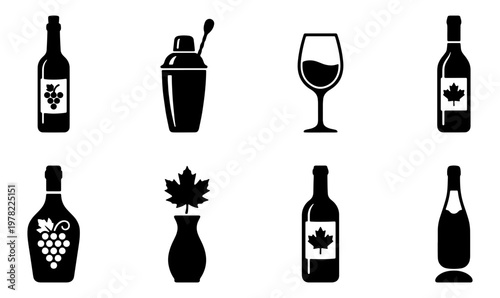Minimalist wine and alcohol icons set, black silhouette beverage bottles and cocktail shaker, 8 vector elements for bar menus and winery branding