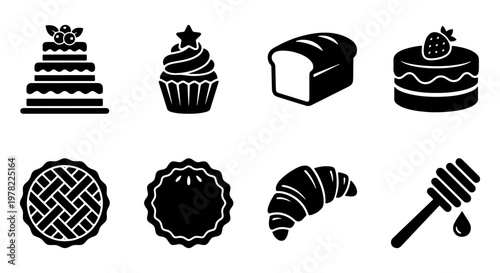 Bakery and pastry icon set, 8 black solid vector elements for cafe menus, bread and sweet dessert symbols, minimalist cake and croissant graphics