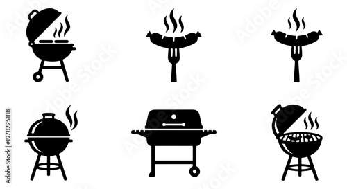 Barbecue grill icon set, black silhouette BBQ equipment and grilled sausage on fork, 6 vector elements for summer picnic and outdoor cooking