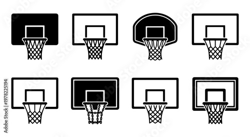 Basketball hoop icon set with 8 vector elements, black and white basketball backboard and net symbols, sports equipment graphic collection