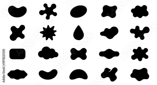 Abstract organic blob shapes, 20 black liquid silhouette elements, irregular fluid amoeba forms for modern graphic design and branding
