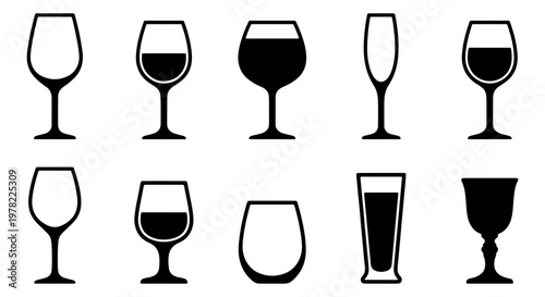 Minimalist wine glass icons set, black silhouette glassware vector collection, elegant drinkware symbols for restaurant menus and bar signage
