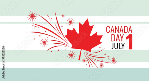Canada Day celebration design features a large red maple leaf with festive fireworks and the date of July first.