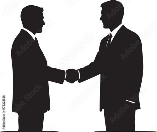 Professional business agreement Two distinguished male silhouettes in suits shaking hands, symbolizing a successful partnership, collaboration, and mutual understanding in the corporate world
