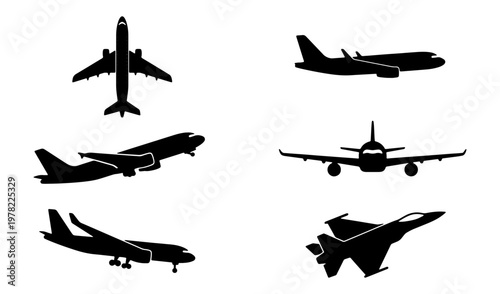 Airplane silhouette vector set, commercial aircraft and fighter jet icons, 6 aviation transport elements for travel and logistics design