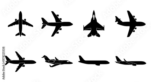 Airplane silhouette vector set, commercial aircraft and fighter jet icons, 8 black plane shapes for travel and aviation design