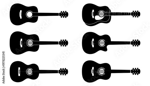Acoustic guitar silhouette set, collection of 6 black musical instrument icons, minimalist folk and classical guitar vector shapes for music branding