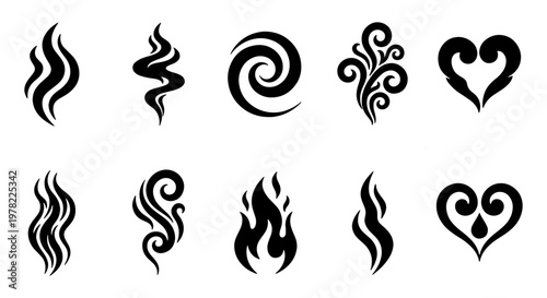 Black tribal swirl icons set, decorative flame and smoke vector elements, 10 abstract curly line ornaments for tattoo design and logo branding