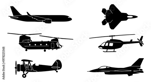 Aviation silhouette vector set, 6 aircraft icons including commercial airplane and fighter jet, military helicopter and vintage biplane silhouettes