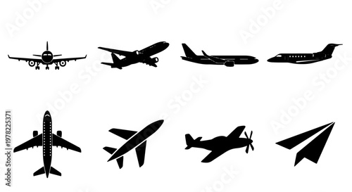 Airplane silhouette vector set, commercial aircraft icons and private jet symbols, collection of 8 aviation transport elements for travel design