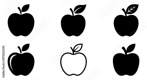 Minimalist apple icon set, black silhouette fruit vector elements, collection of 6 apple symbols for healthy food branding and grocery apps