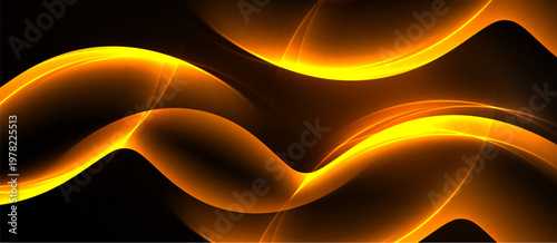Bright orange waves flow across dark background. Smooth curves create dynamic, abstract visual effect. Warm tones dominate composition.
