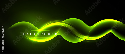 Abstract green waves flow across black background. Dynamic lines create modern visual effect. Bright, smooth curves suggest energy, motion.