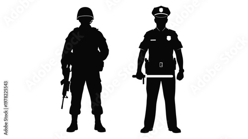 Two uniformed figures stand guard a striking black silhouette