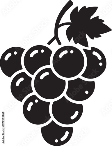 A striking black and white illustration of a ripe bunch of grapes, showcasing their iconic shape and texture