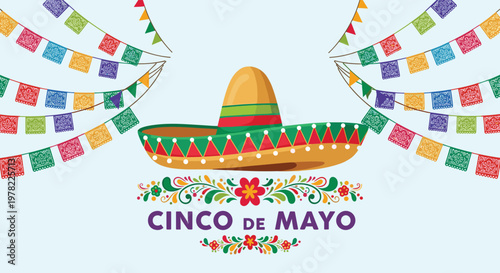 Colorful Cinco de Mayo illustration features a large sombrero and traditional festive flags on a light background.