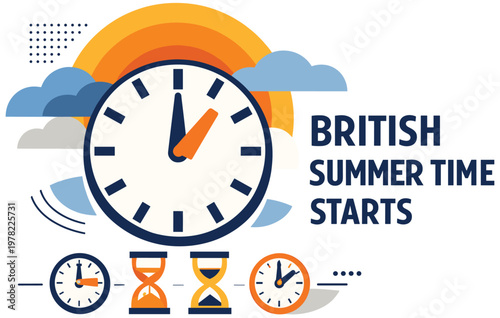 British summer time starts vector illustration. clock showing 2am moving forward. concept of daylight saving time in great britain. time change on last sunday of march every year.