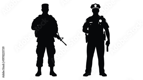 Two armed law enforcement officers depicted in stark black silhouette