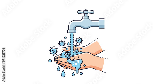 Illustration of hands being thoroughly washed with soap under a water faucet to remove dangerous virus germs.