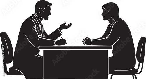 Silhouetted doctor and patient in a consultation, discussing health and treatment options at a desk